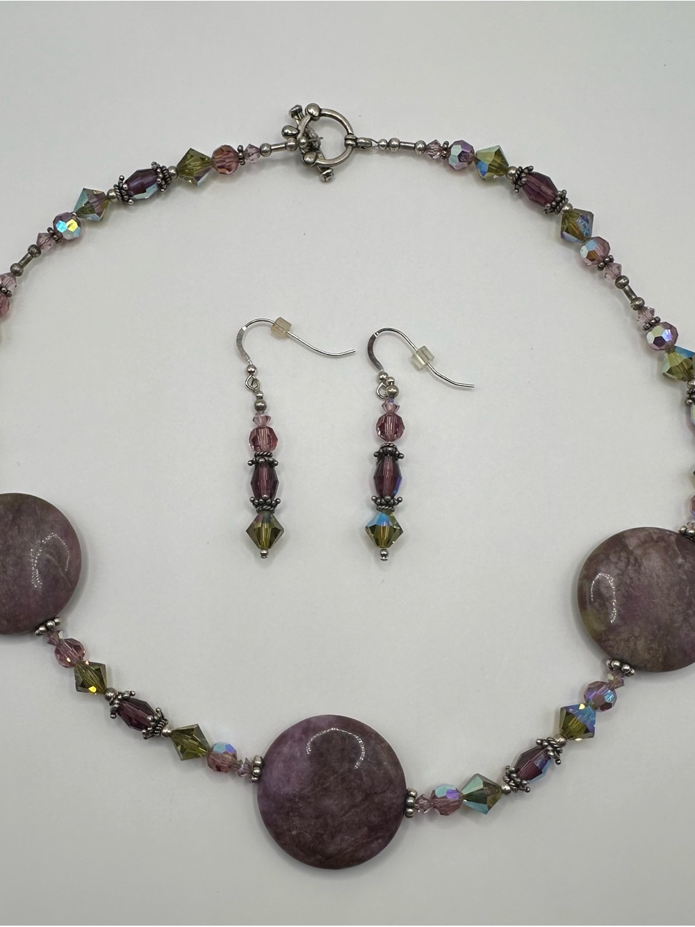 Purple Stone & Crystal Beaded Necklace Earrings Set Statement Jewelry
